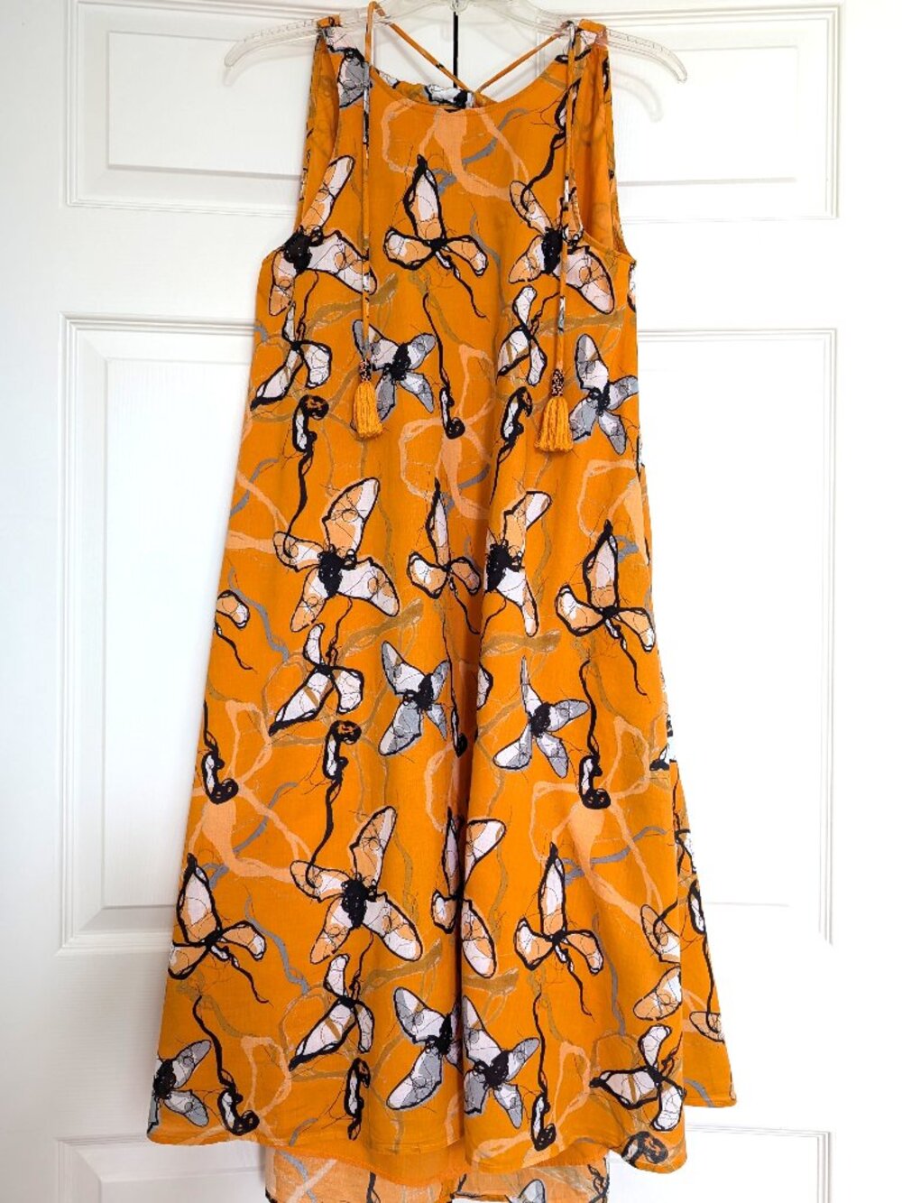 Adolfo Dominguez Dress 38 (US 6) Orange Moth Print Midi Tassel Tie Pockets Boho